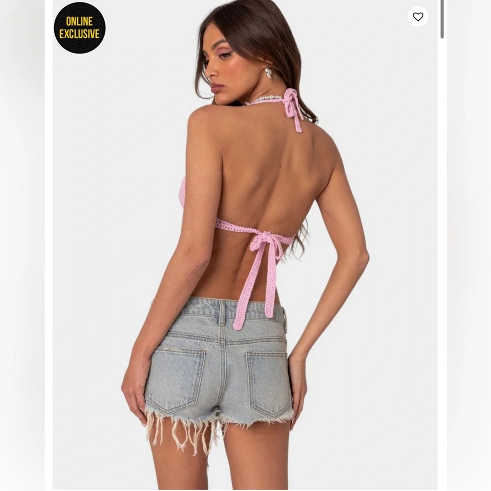 Edikted Pink Crochet Bikini Top and Tiered Coverup Set